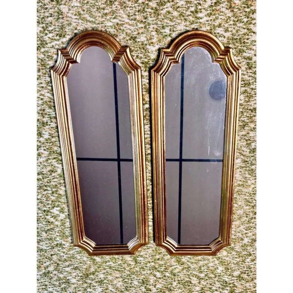 Pair Vintage Bassett Mirror Co Gold Arched Wall Mirrors Hollywood Regency 1970s